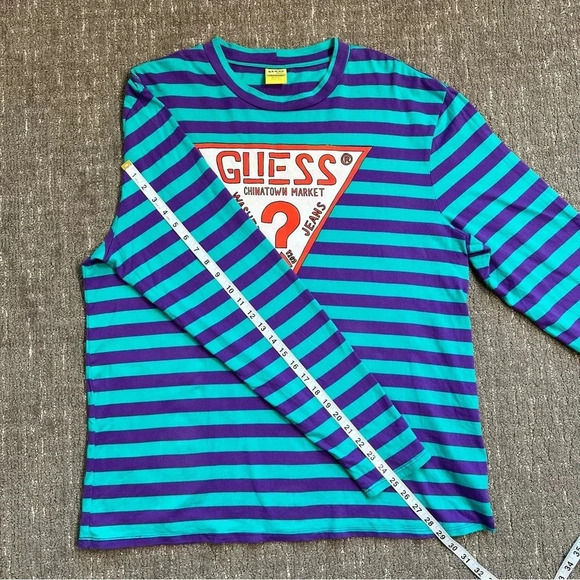 Guess x Chinatown Market Striped Long Sleeve Shirt Strawberry Purple Teal XL - Picture 2 of 7